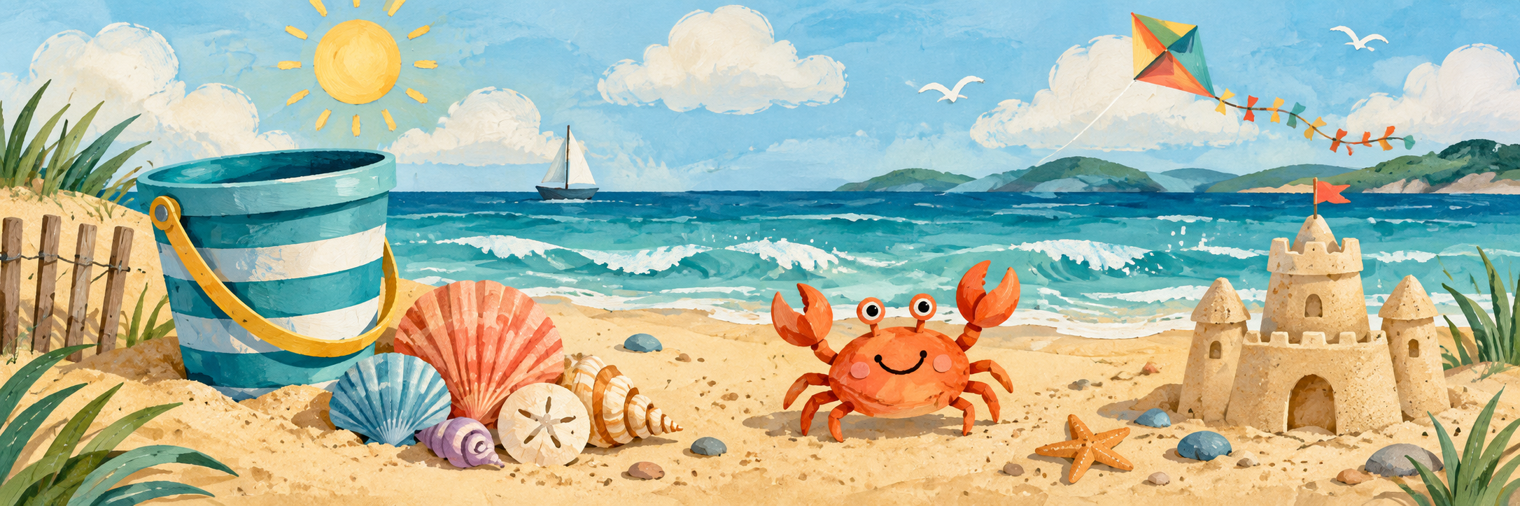 Colorful sandcastle, beach toys, shells, and a friendly crab