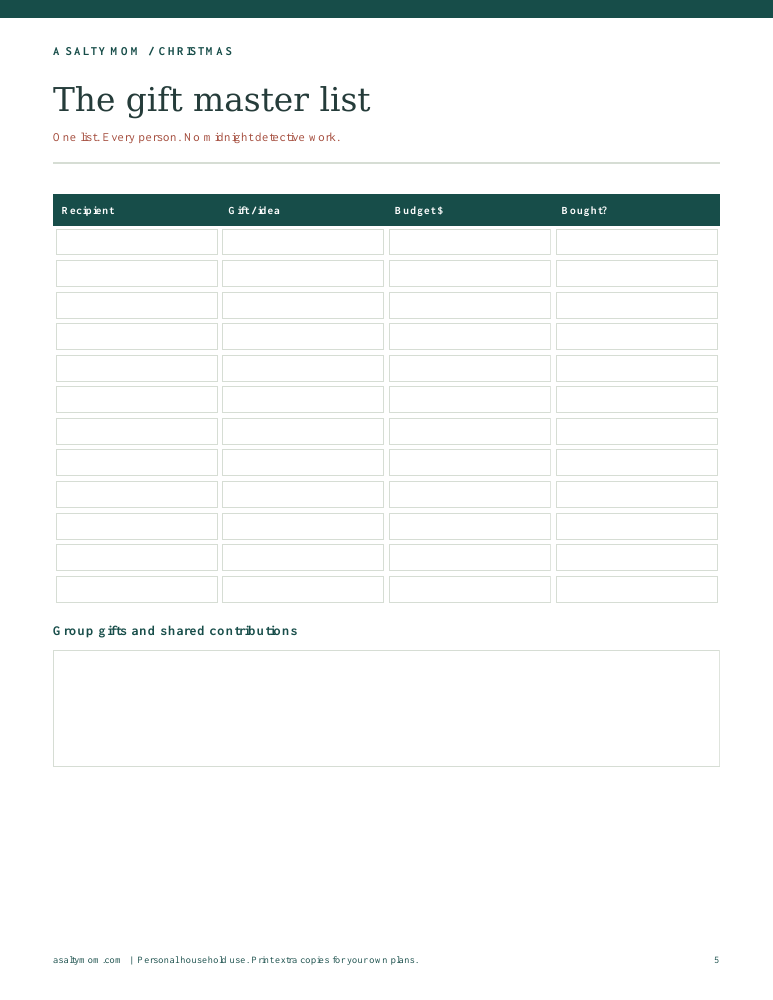 Actual paid planner gift master list preview