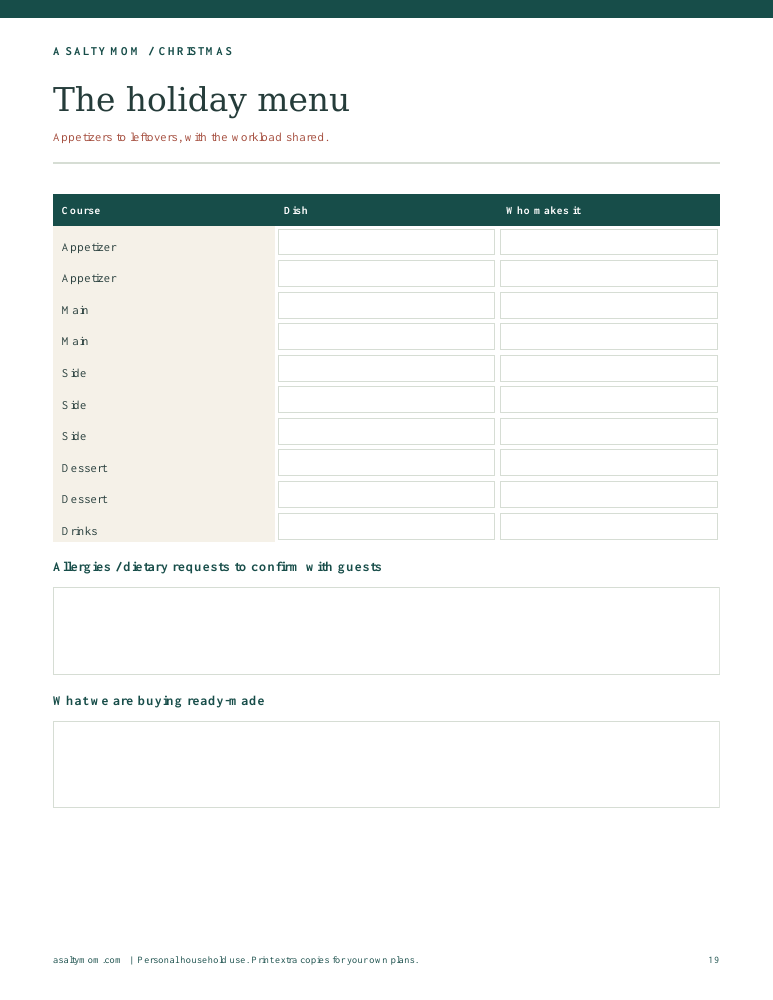 Actual paid planner holiday menu page preview