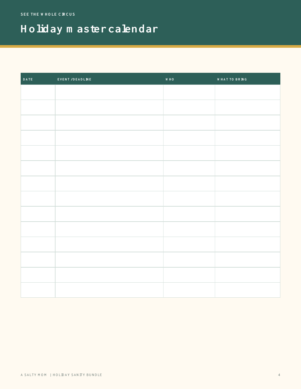 Holiday master calendar page