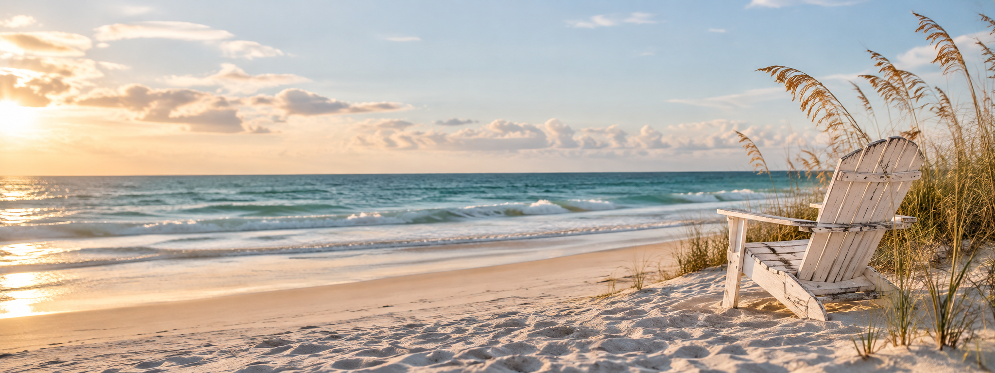 Sea oats and a beach chair beside a calm Gulf Coast sunset