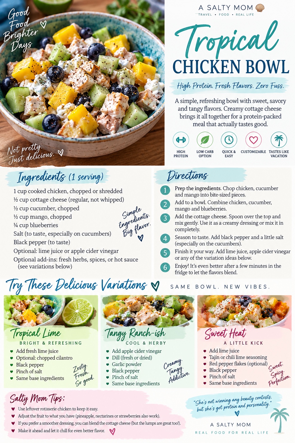 Tropical Chicken Bowl recipe card with chicken, mango, cucumber, blueberries and cottage cheese