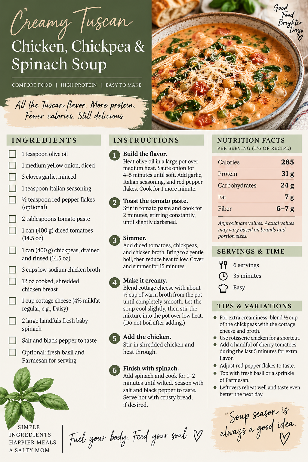 Creamy Tuscan chicken, chickpea and spinach soup recipe card